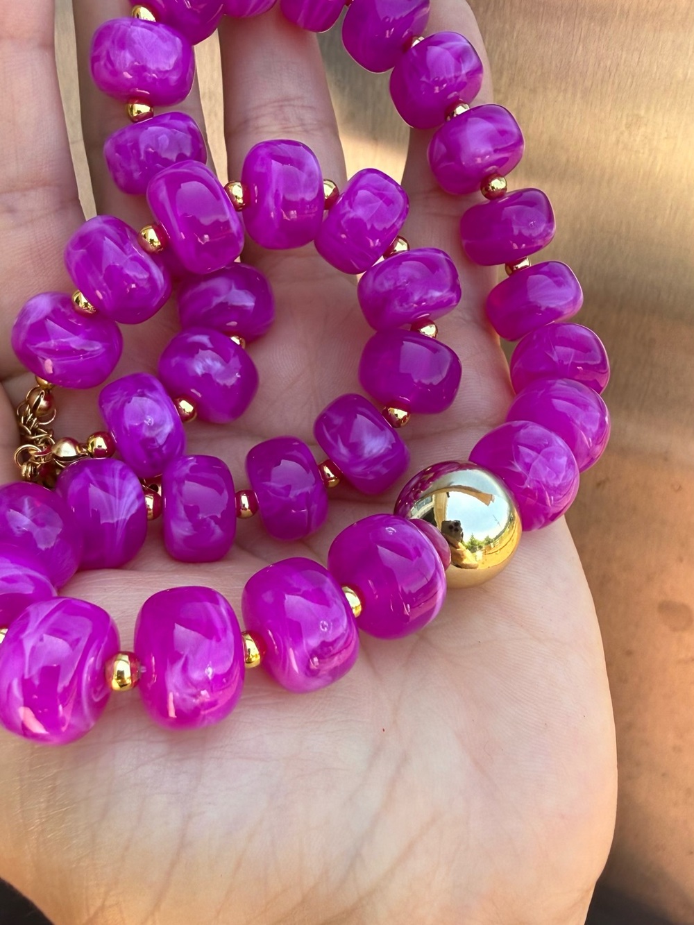 Hot Pink Beaded Necklace with Gold Accent - Picture 4 of 5
